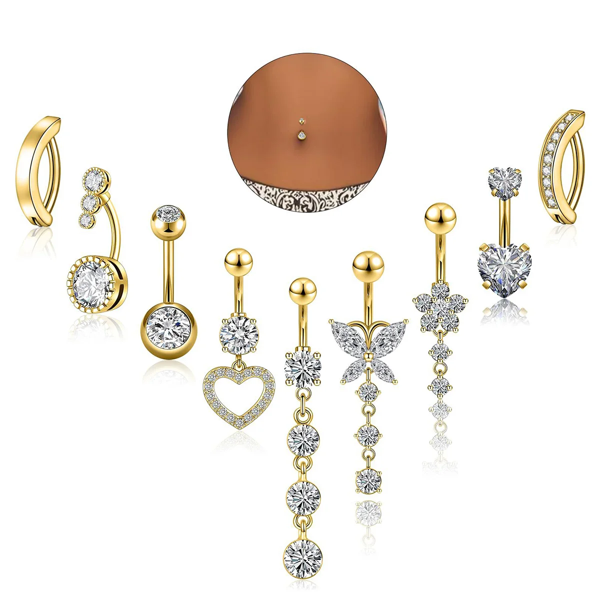 

9PCS Belly Button Ring Dangle Stainless Steel Belly Rings Delicate Piercing Sexy Navel Nail for Women Shiny Zircon Body Jewelry