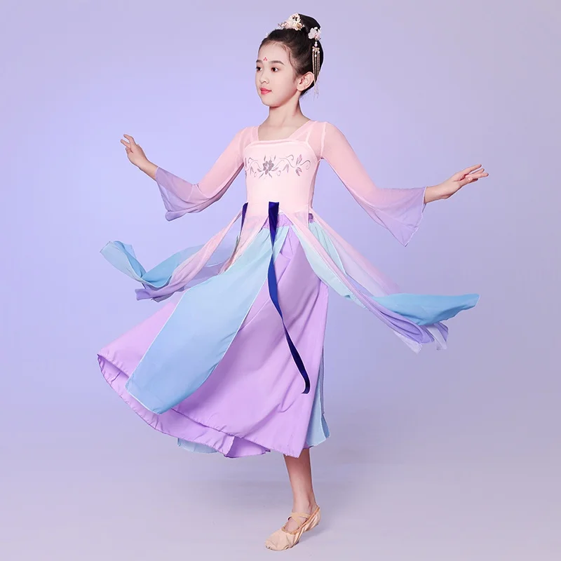 

Ele Children's Classical Dance Performance Costume Girls' Fan Dance Practice Suit Hanfu Traditional Ethnic Stage Outfit
