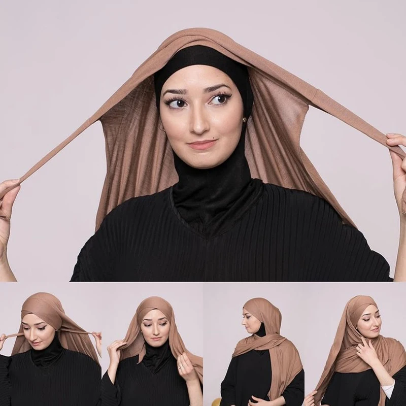 Jersey clásico Hijabs, pañuelo instantáneo con lazo cruzado, bufandas lisas de Color sólido, pañuelo para la cabeza para mujer, turbante suave