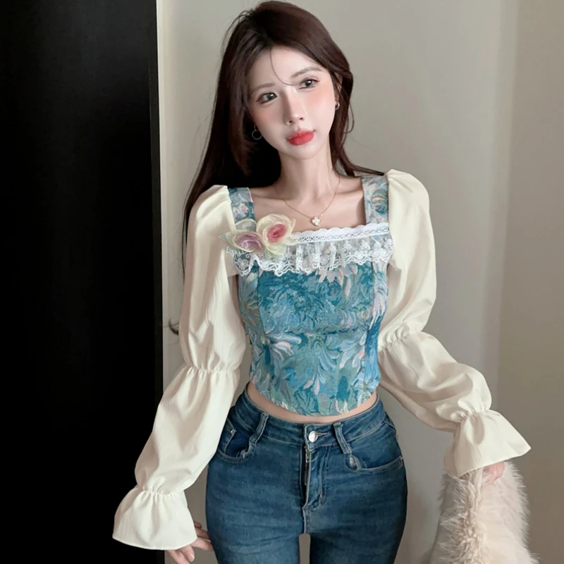 French Retro Short Shirts Women Flare Sleeve 3D Flowers Lace Patchwork Print Square Collar Slim Design Spring Autumn Sweet Chic