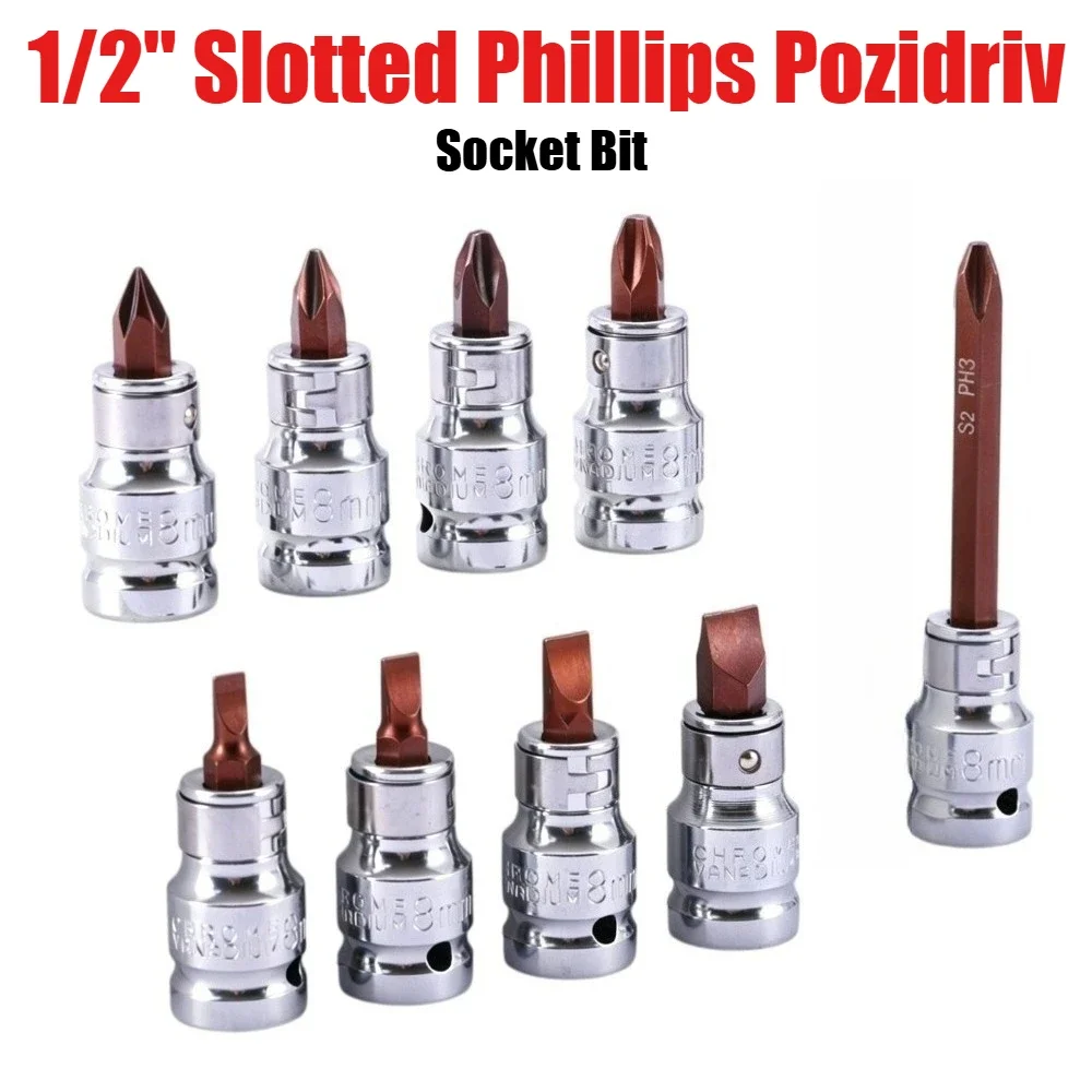 1/2Inch 12.5mm Slotted Phillips Pozidriv Socket Bit Torx Screwdriver Bit Tool Socket Adapter PH1-PH4 SL5.5-SL10