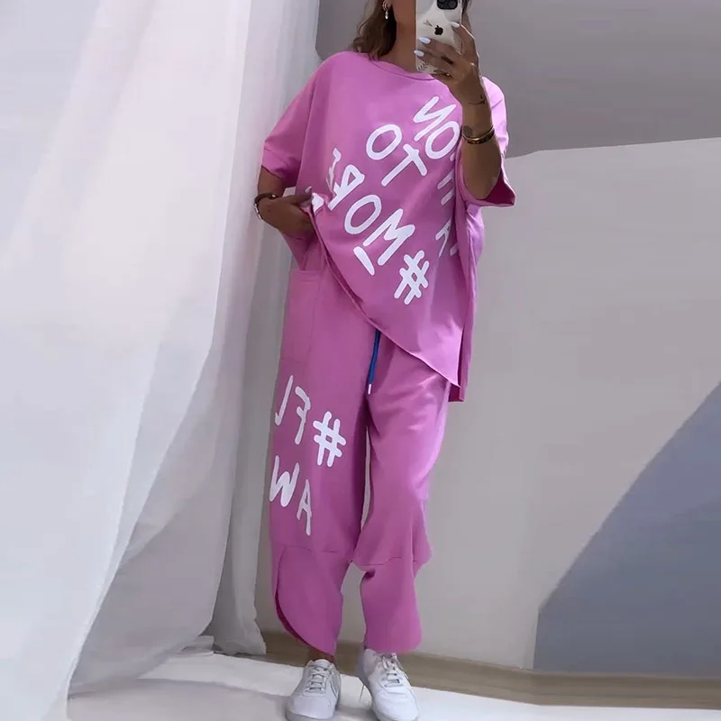 

Elegant Letter Print Loose 2Pc Suit Fashion O-neck Pullover Top & Long Pant Set Women Casual Short Sleeve Pocket Sports Outfits