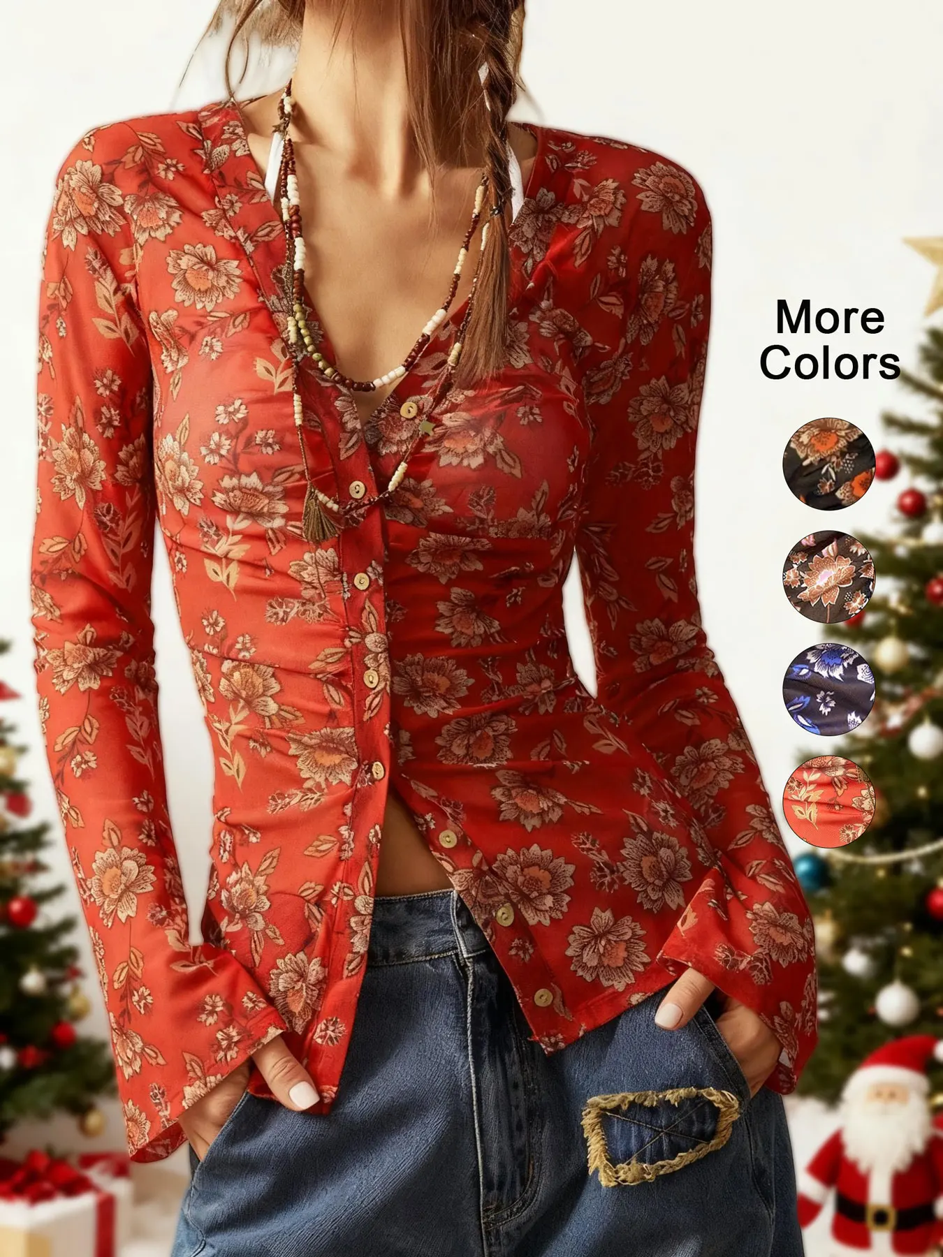 

Женская приталенная рубашка с принтом в стиле ретро, мягкая стильная рубашка для повседневного ношения, идеальный отдых, повседневный, поднимающий и элегантный дизайн