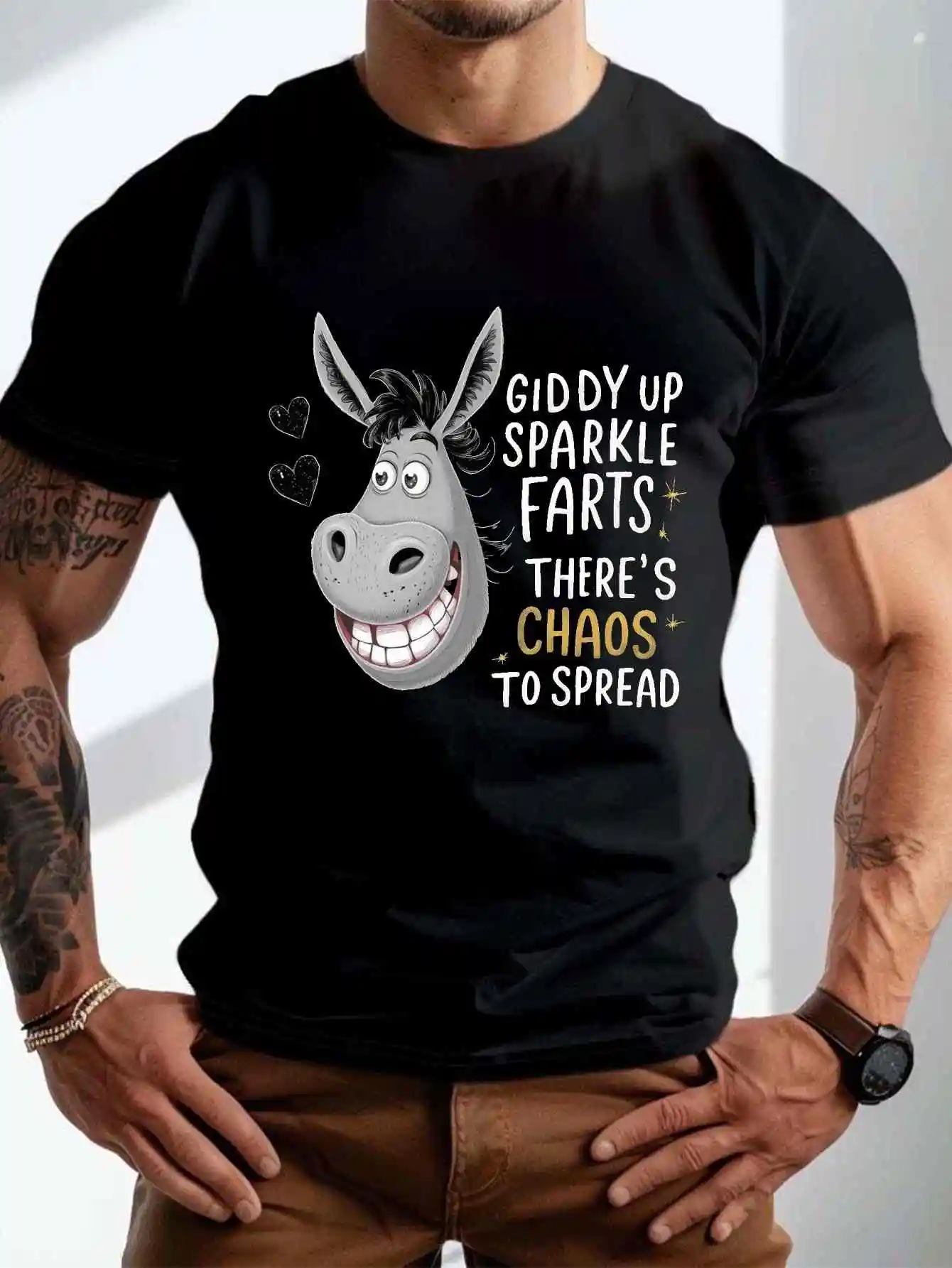 

Футболка Giddy up Sparkle Farts с рисунком осла - мужская повседневная футболка с короткими рукавами и круглым вырезом ~ для социальных мероприятий ~ забавный оригинальный подарок