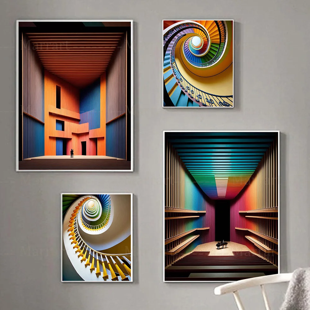 Rainbow Color Spiral Stairs Wall Art, Canvas Painting, Theatre Poster, Building Structure Prints, Living Room Wall Decor, Gift
