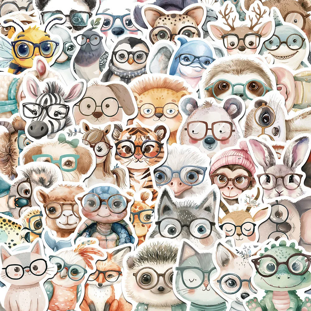 50 Stück niedliche Cartoon-Tiere mit Brillenaufklebern – wasserfeste Graffiti-Aufkleber für Helme, Federmäppchen (Anime Worlds Store)
