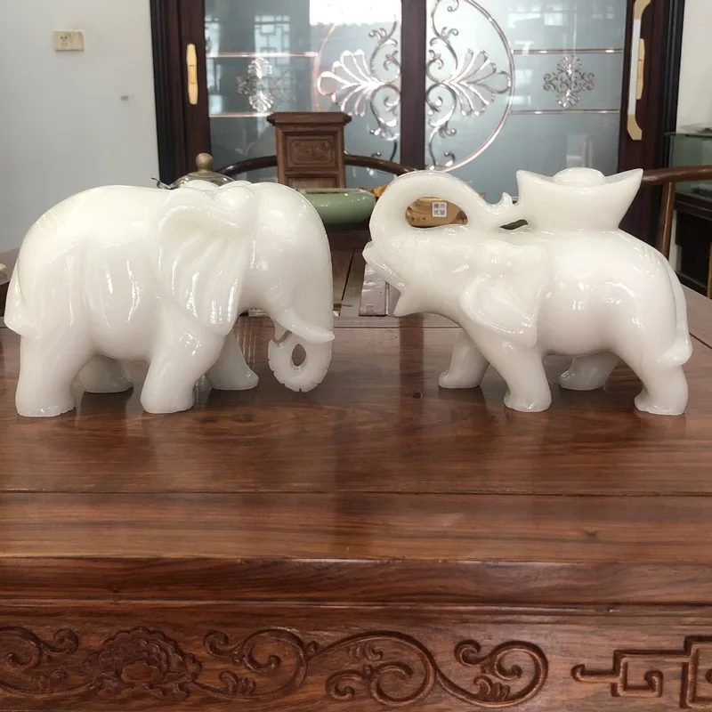 White marble elephant ornament, Afghan white elephant jade, Ruyi ingot style, home living room decoration, company business deco