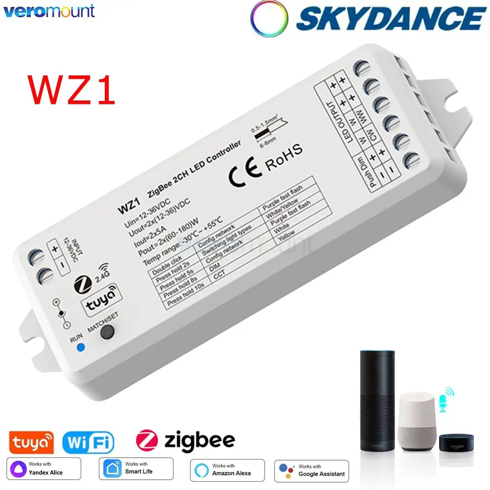 Skydance WZ1 Zigbee RF 2CH kontroler LED DC12V 24V Tuya aplikacja Cloud pilot bezprzewodowy 2 kanały dla pojedynczy kolor paska ct