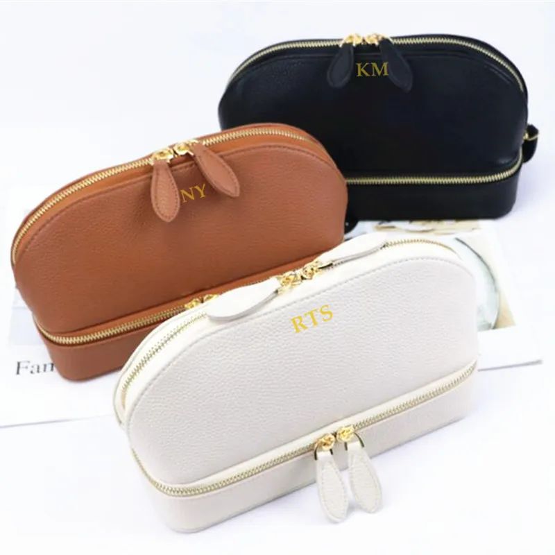 Custom Logo Leather Travel Shell Style Bag Jewellery Box & Makeup Bags With Initials - Carrying Jewellery Case and Cosmetic Bags