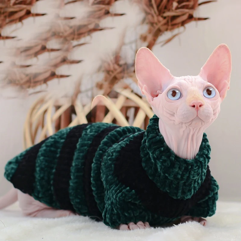 Stripe Sphinx Cat Sweater Winter Warm Knitted Pet Cat Sweaters Clothing Handmade Sphynx Cat Hoodies Kitten Clothes Cat Supplies