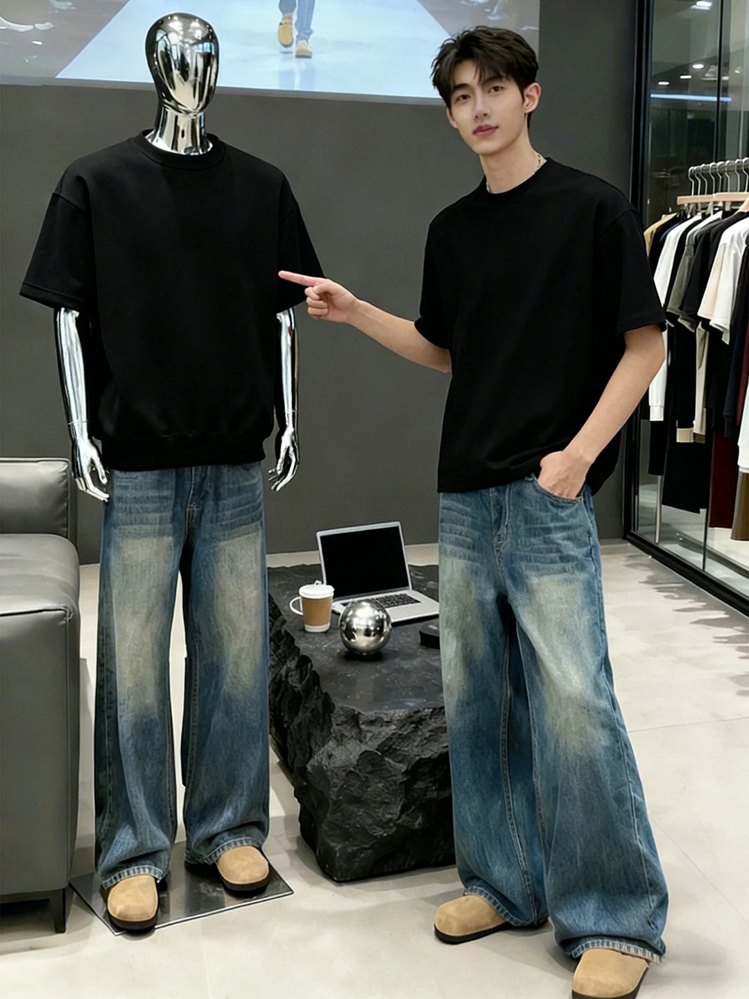 

Deep Blue Fleece Lined Men's Jeans Spring Washed American High Street Style Knife Loose Fit Straight Leg Casual Trousers