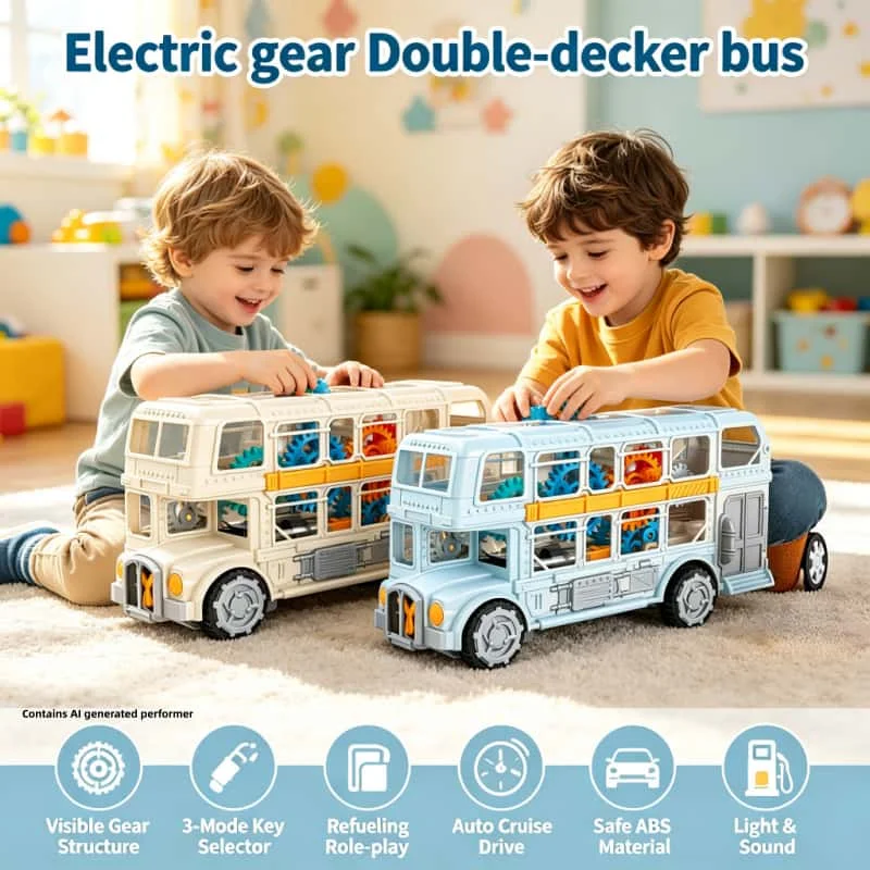 Electric Universal Retro Double Bus Model Colorful Sound Light Double Decker Bus Toy Car Door Opened Pulls Back for Kids Gifts