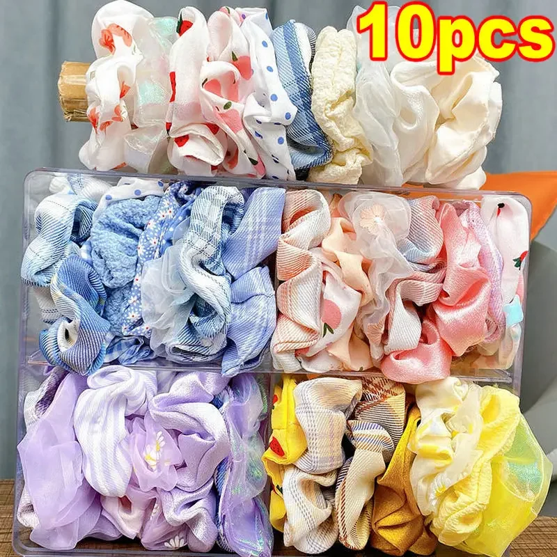 10pcs Fashion French Large Intestine Circle Checkered Stripe Cute Women's Elastic Hair Loop Ponytail Braid Headband Accessories