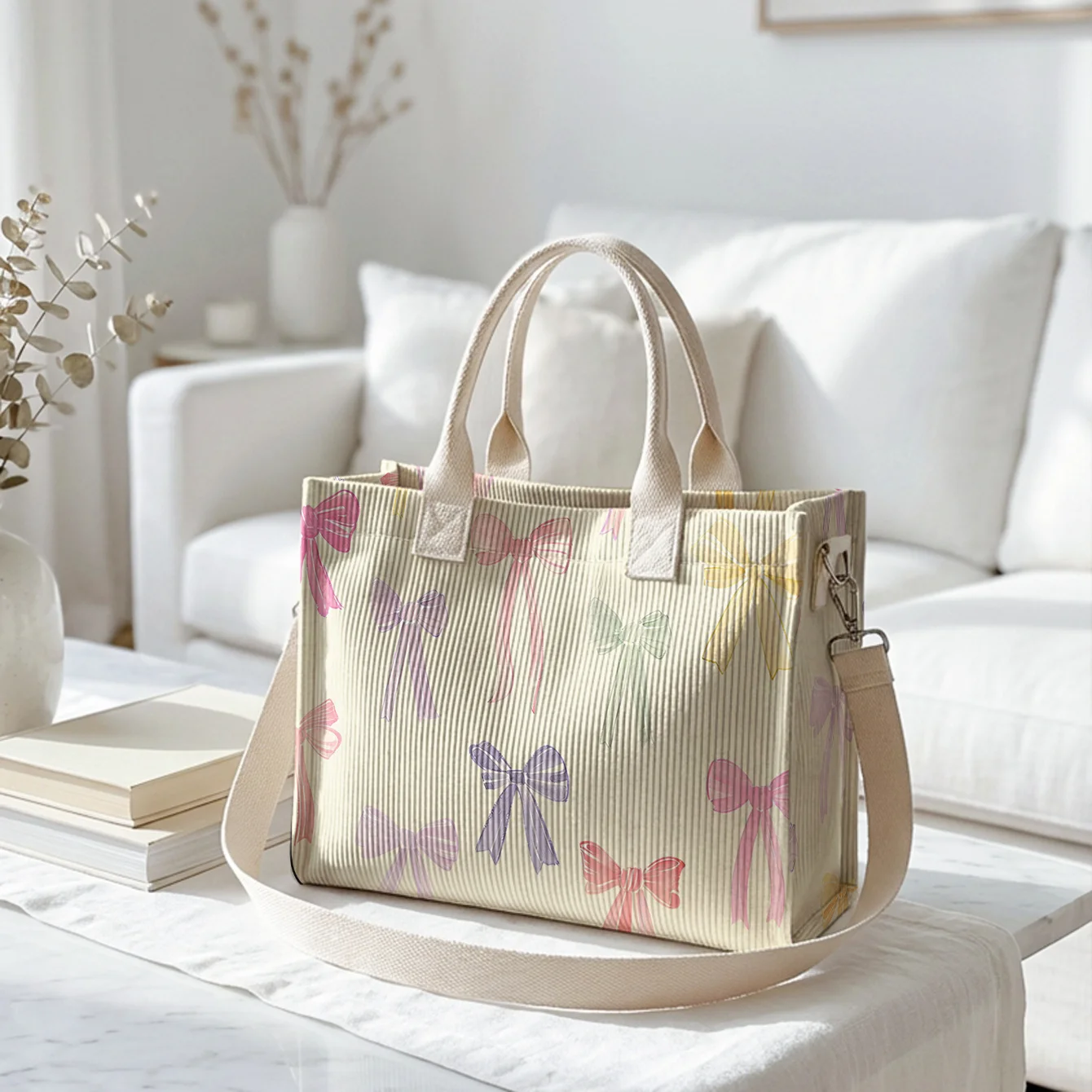 Pastel Bow Print Corduroy Tote Bag Large Capacity Multi Pocket Detachable Crossbody Shoulder Bag