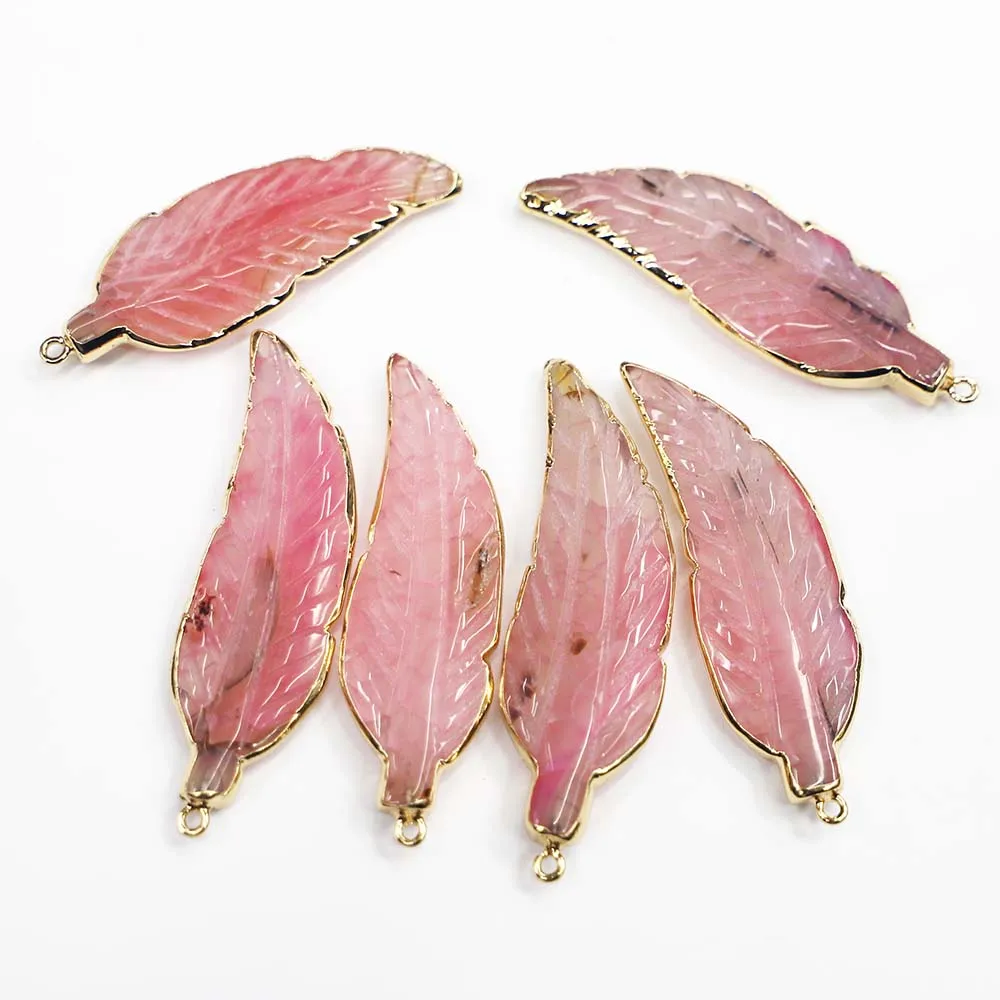 Free Shipping Natural Stone Pink Leaf Pendant Ethnic Style Carving Feather Shape Jewelry Fashion Accessories Wholesale 5Pcs/Lot