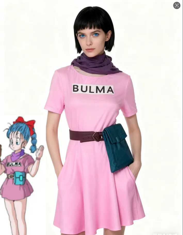 

Anime Bulma Cosplay Costume Pink Dress Animation Suits Son Goku Gui Carnival Adult Halloween Christmas Role-playing Costume Wig