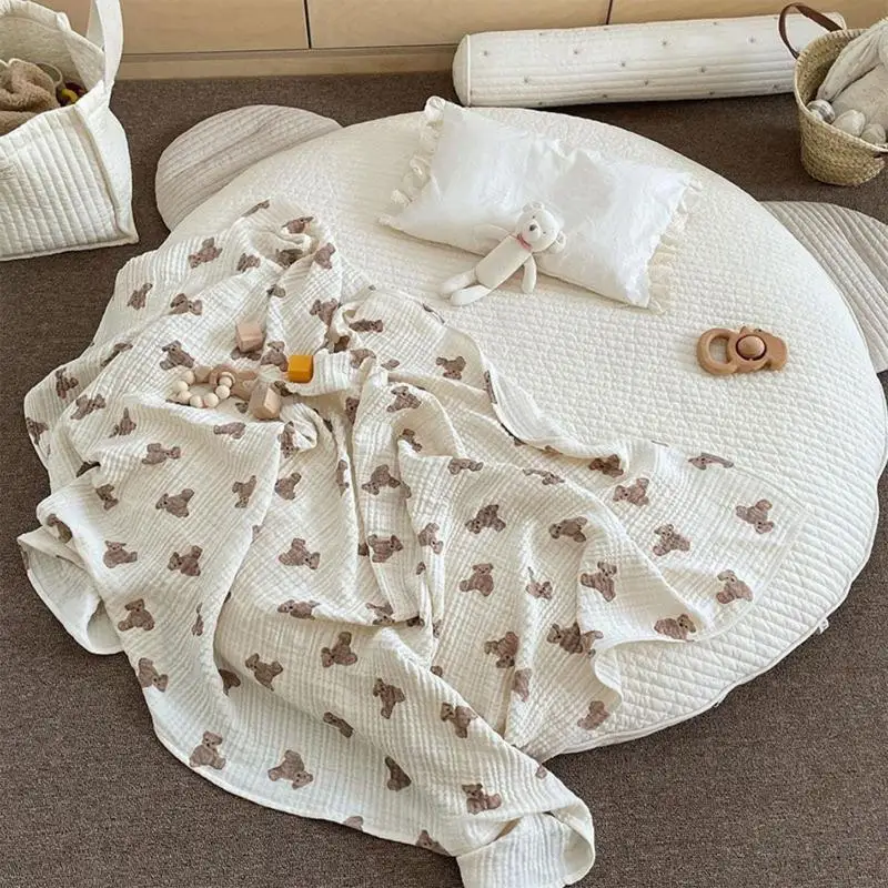 H37A Baby 2 Lagen Gaas Swaddle Wikkel Muslin Deken Beer Print Spring Zomer Airconditioning Airconditioned Quilt Footmuff