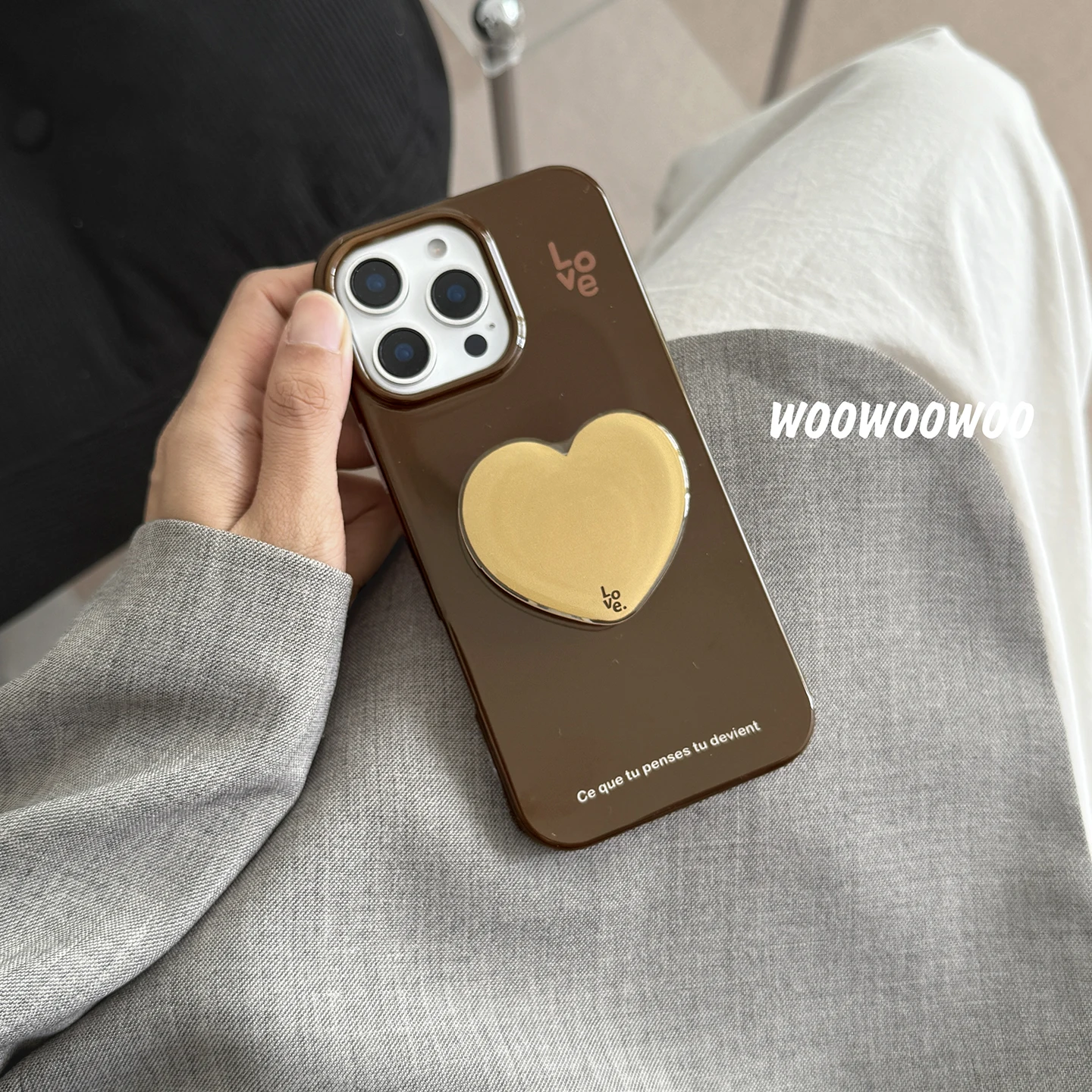 Korean Cute 3D Yellow Love Heart Holder Stand Glossy Phone Case For iPhone 16 15 14 13 Pro Max Simple Shockproof Protect Cover