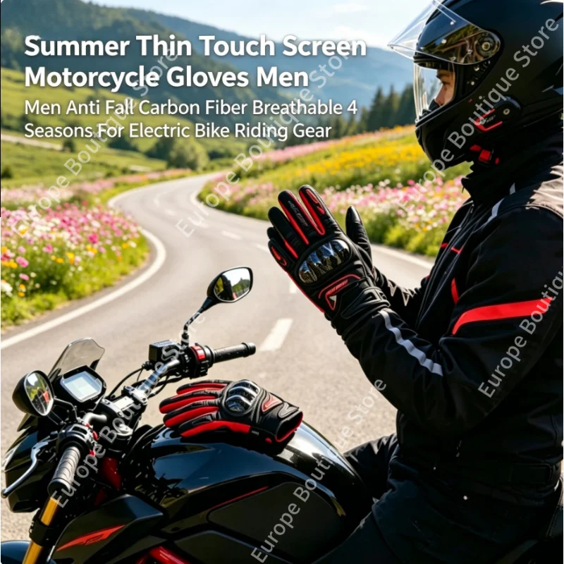

2026NEW Men Summer Thin Carbon Fiber Motorcycle Gloves Anti Fall Touch Screen Breathable 4 Seasons for Electric Bike Riding Gear