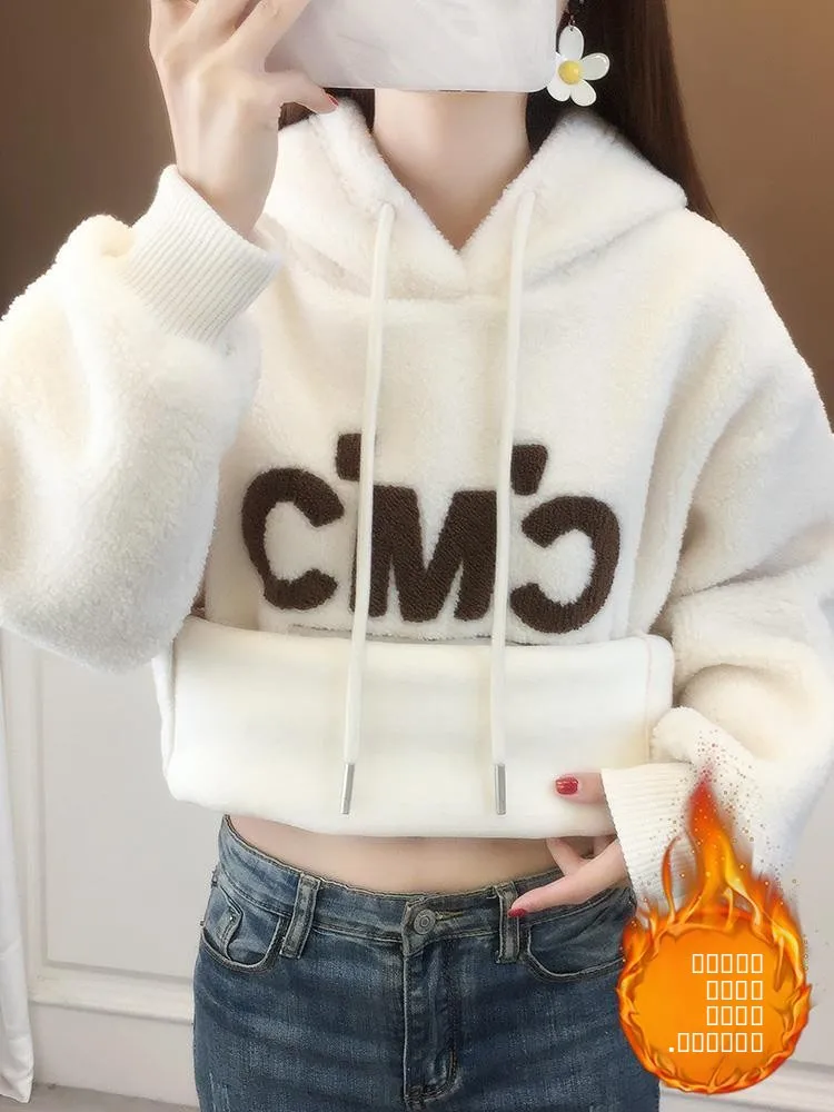 

Женская толстовка больших размеров с вышивкой, из овчины, средней длины, свободного кроя, с длинными рукавами, в корейском стиле, для повседневной носки, ветрозащитная