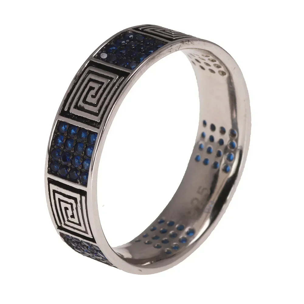 925 Sterling Silver Turkish RIngs Fret Pattern Religions Jewelry For Men and Women Blue Color Zircon Stone Paved Setting