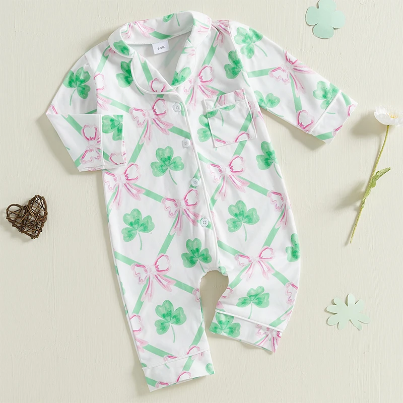 Baby Girls Irish Day Pajamas Classic Shamrock Print Button Long Sleeves Jumpsuit for Loungewear Sleepwear