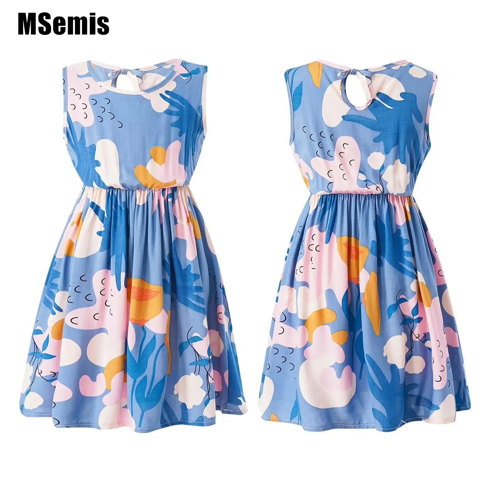 

Kids Girl Print Floral Dress Sleeveless Elastic Waist A-Line Dress Casual Dress for Beach Tropical Travel