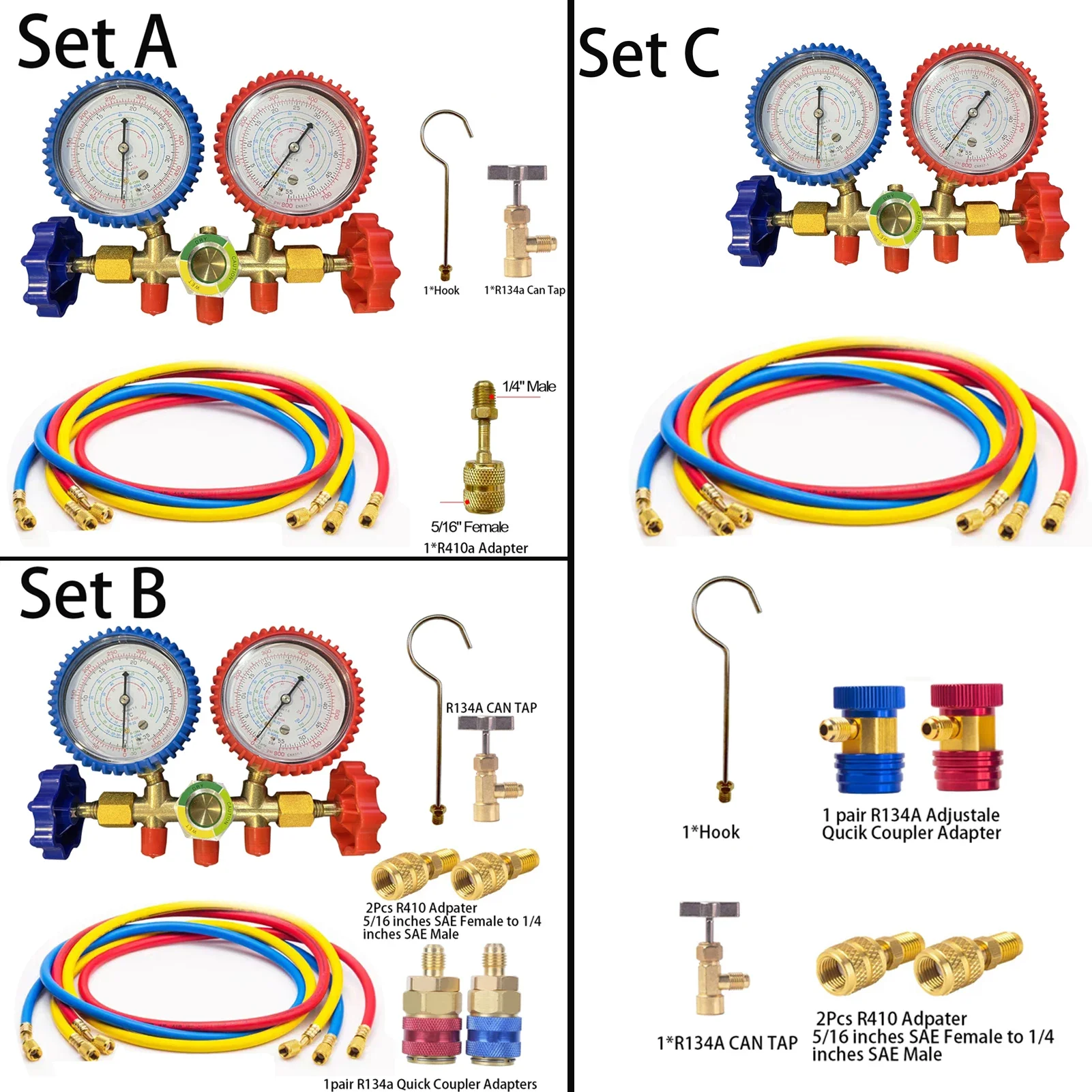 3 Way AC Manifold Gauge Set with Hoses Couplers & Adapter for R410 R22 R404A R134A Refrigerant AC Gauges Automotive AC Gauge Set