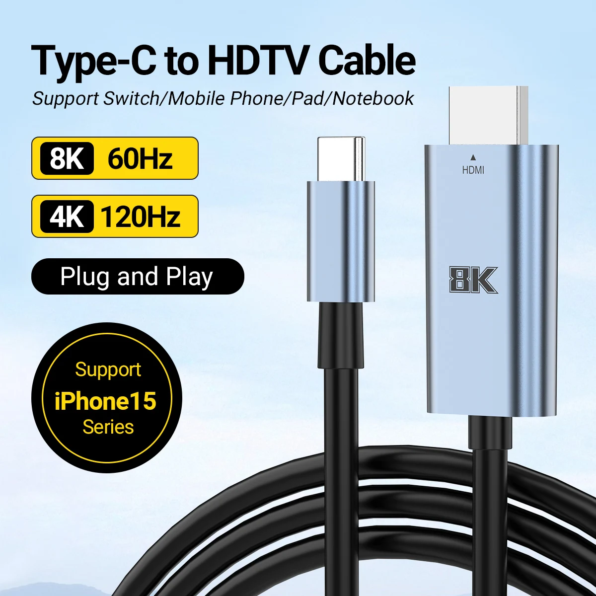 휴대용 USB C 타입 to HDMI 변환 케이블, TV 도킹, 노트북, 모바일, 스크린, 맥북 프로, 2m, 8k, 60Hz, 4K, 120Hz