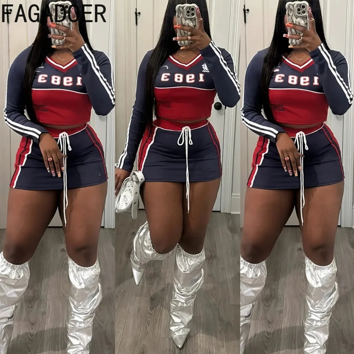 FAGADOER Letter Print 2 Piece Sets Women Outfit Y2K Streetwear Color Block V Neck Crop Tops And High Waist Mini Skirt Suits New