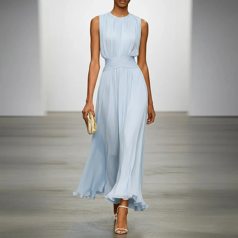 Fashion Solid Color Patchwork Irregular Dress Leisure Sleeveless Waist Cinch A-Line Dress Elegant O-Neck Office Commuting Dresso