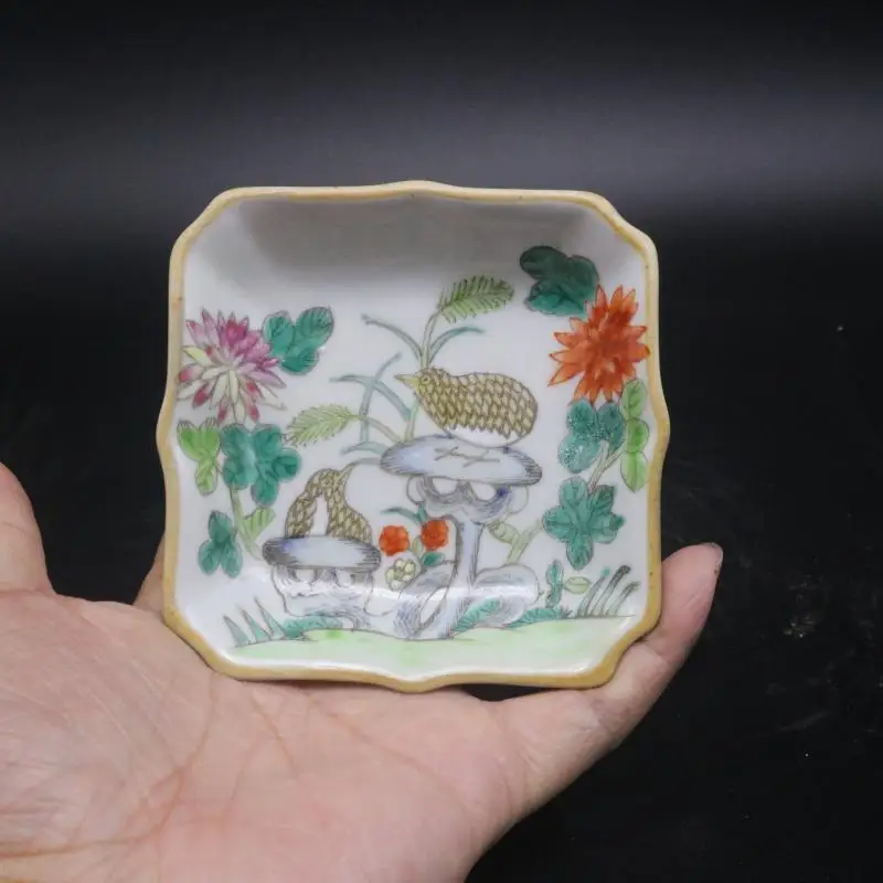 Chinese Famille Rose Porcelain Qing Tongzhi Flowers Birds Fruit Plate 3.94 inch Mini Ornaments