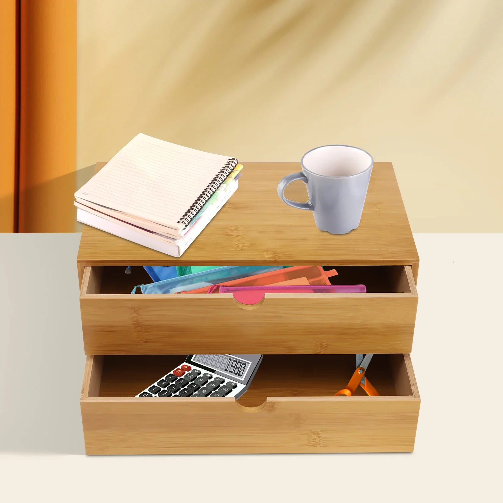 Cassetto in bambù con 2 cassetti: mini scatola portaoggetti per cassetti da scrivania in bambù per articoli da toeletta, forniture, nessun montaggio richiesto