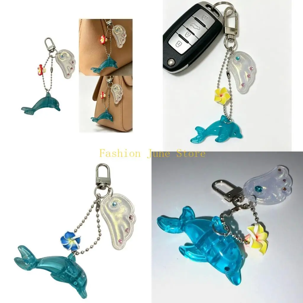 N5KA Decorative Dolphin Keychain Charm with Flower Accent and Shell Pendant, Plastic Charm Body and Metal Lobster Clasp