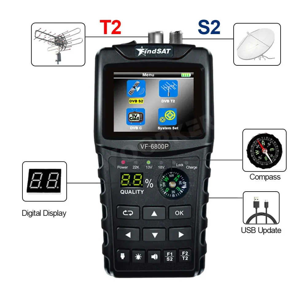 VF 6800P Satellite Finder DVB-T2 DVB-S2 DVB-C MPEG4 Digital Sat Finder Meter 2.4 Inch LCD HD for TV Tuner