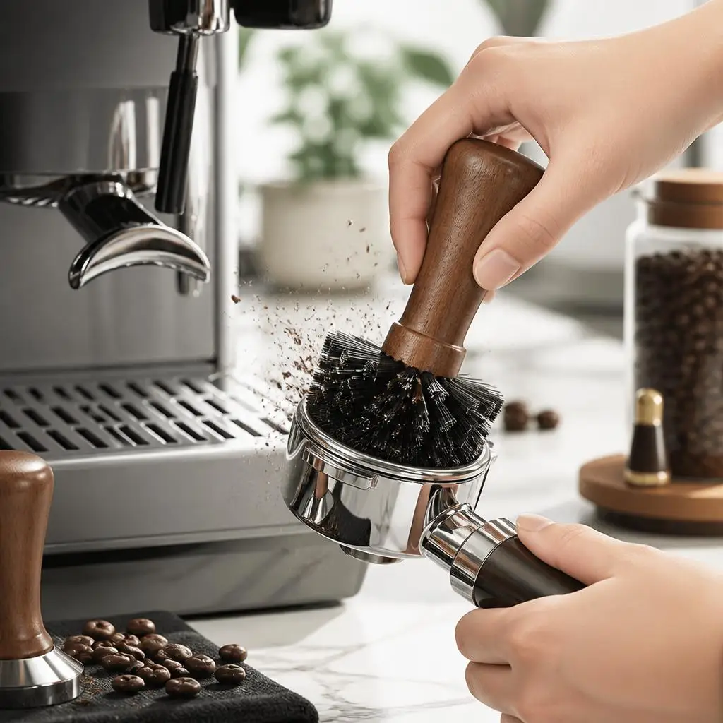 Wooden Handle Coffee Portafilter Cleaning Brush, Espresso Machine Group Head Brush, Coffee Basket Powder Remover Brush