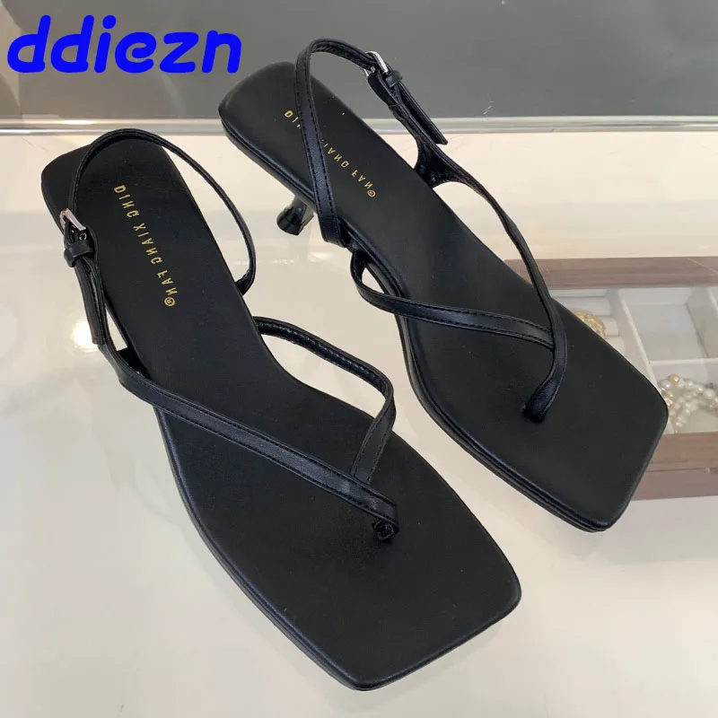 New 2024 Women Heeled Sandals Shoes Flip flops Female Shallow Footwear Fashion Narrow Band Ladies Medium Heels Sandals Slippers