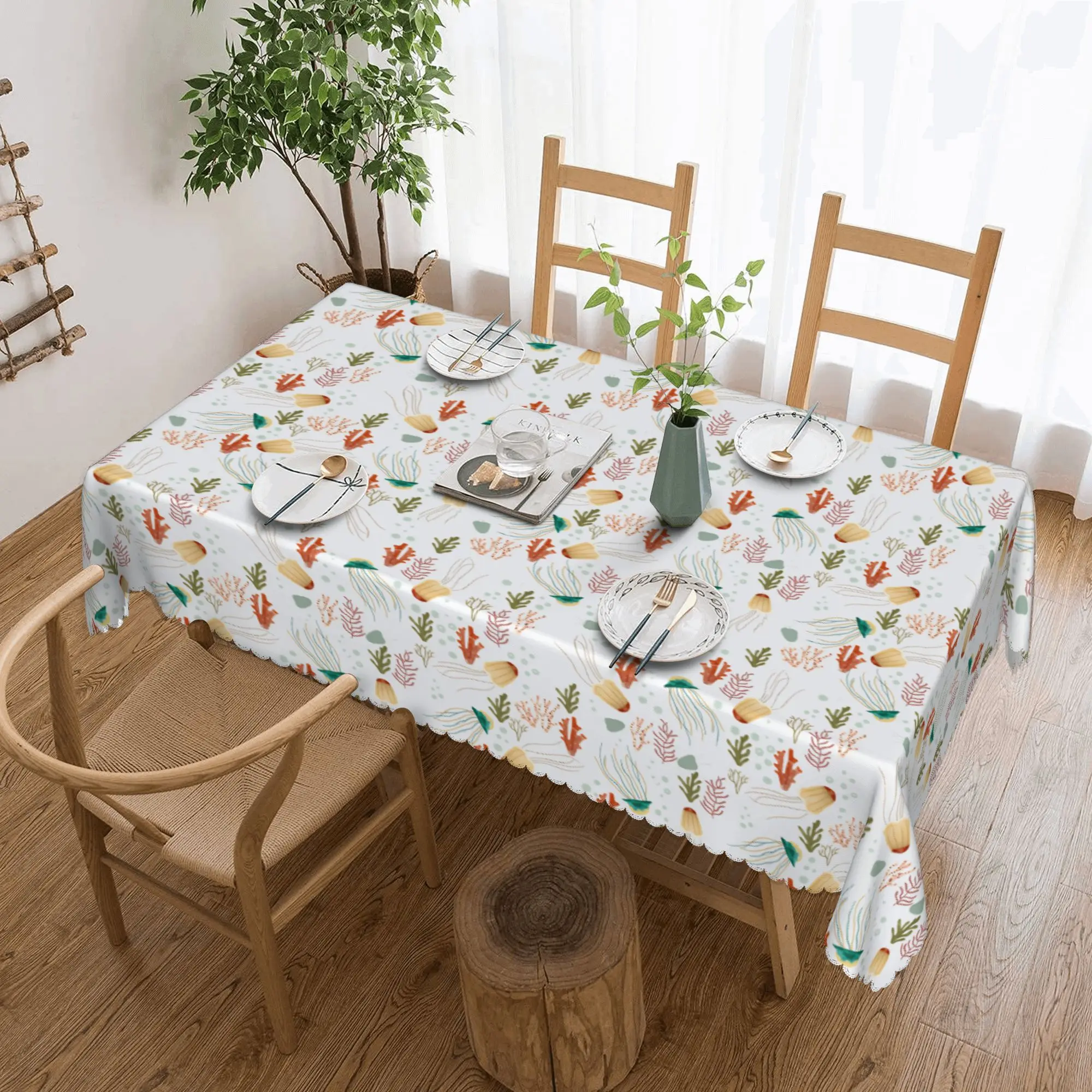 Nappe rectangulaire anti-taches à motif corail marin et méduse, sans couture, pour pique-nique