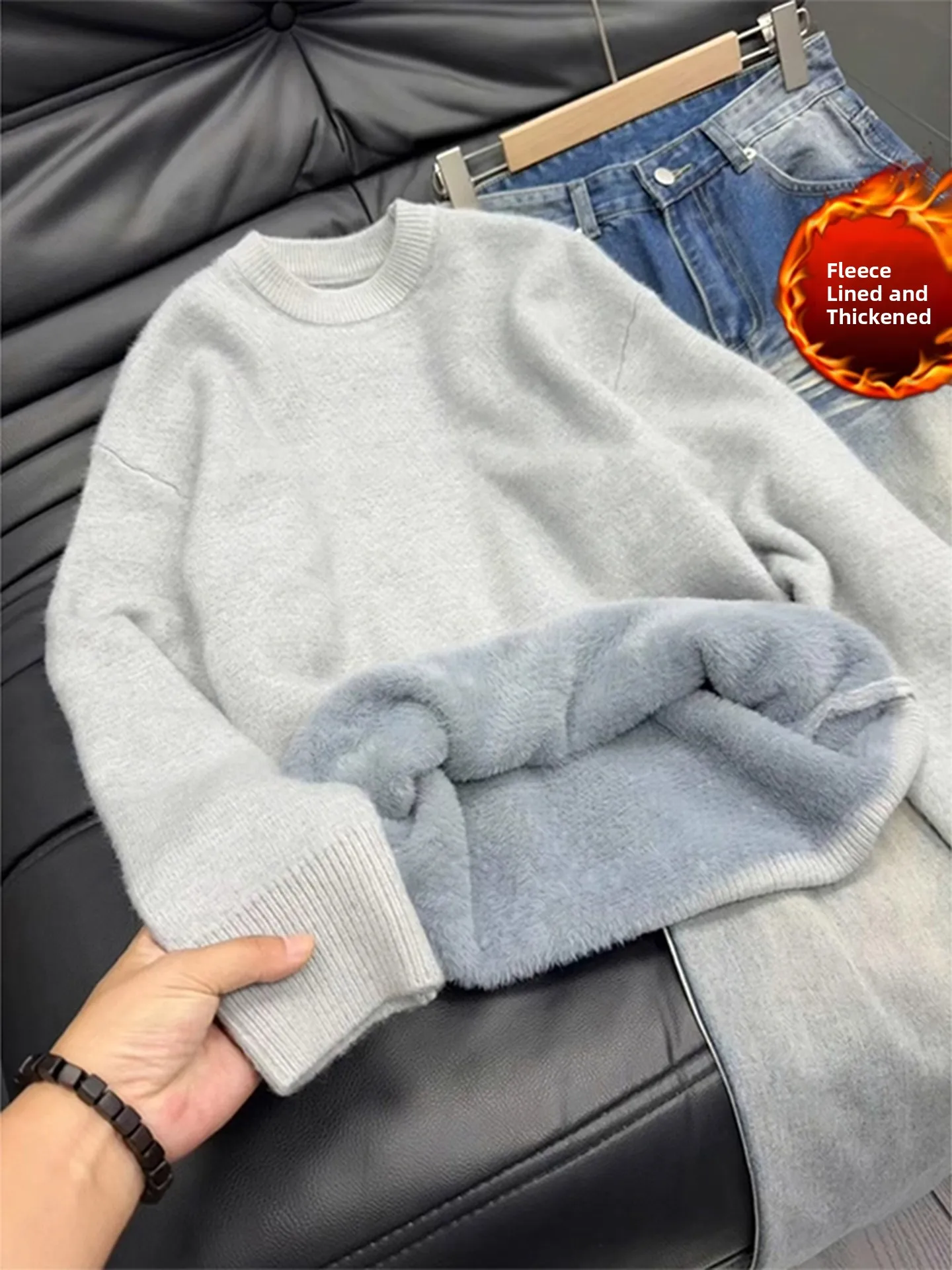 

Мужской зимний трикотажный свитер с круглым вырезом, на флисовой подкладке, утепленный, повседневный, свободного кроя, с длинными рукавами, из мягкого полиэфирного волокна