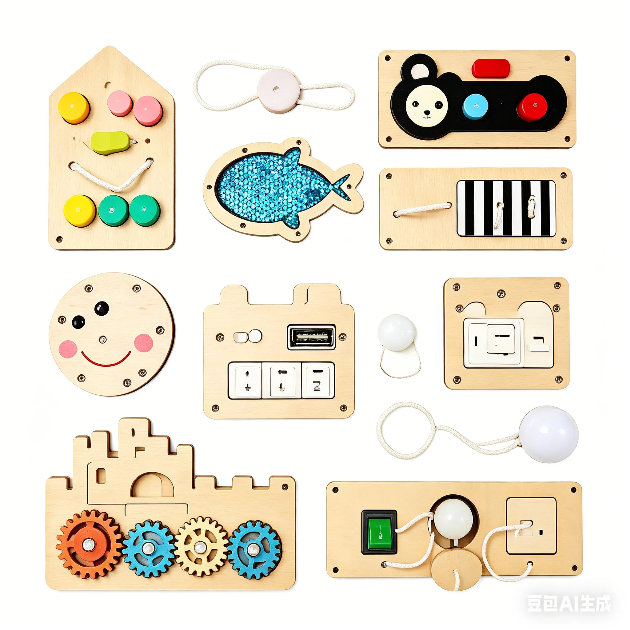 Akcesoria do tablicy manipulacyjnej Montessori dla niemowląt, zębatki, zamek, karta zmiany koloru, przełącznik, światło, zawór DIY, drewniana zabawka edukacyjna dla dzieci.