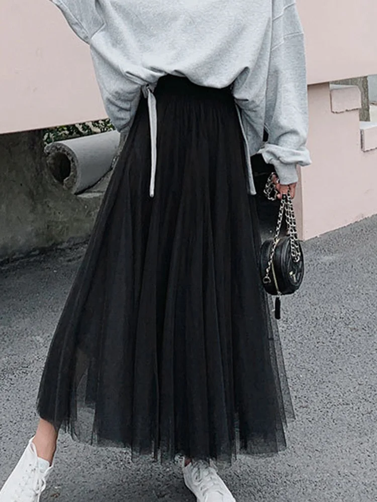 Mesh Long Skirt Elastic New Summer Waist Elegant Pleated High Waist Ball For Spring Autumn Vintage