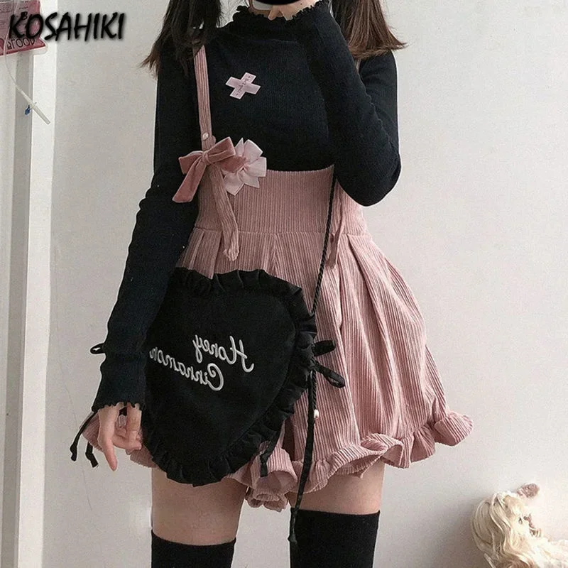 KOSAHIKI Japanese Kawaii Strap Shorts Women Corduroy Ruffle Solid Short 2024 Cute Lolita Overalls Chores Para Mujer