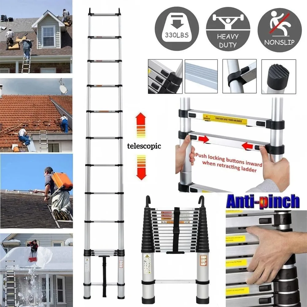 Portable 20-Foot Aluminum Extension Ladder with Non-Slip Feet, 330-Pound Capacity, EN131 Compliance, Suitable for Home and Indus