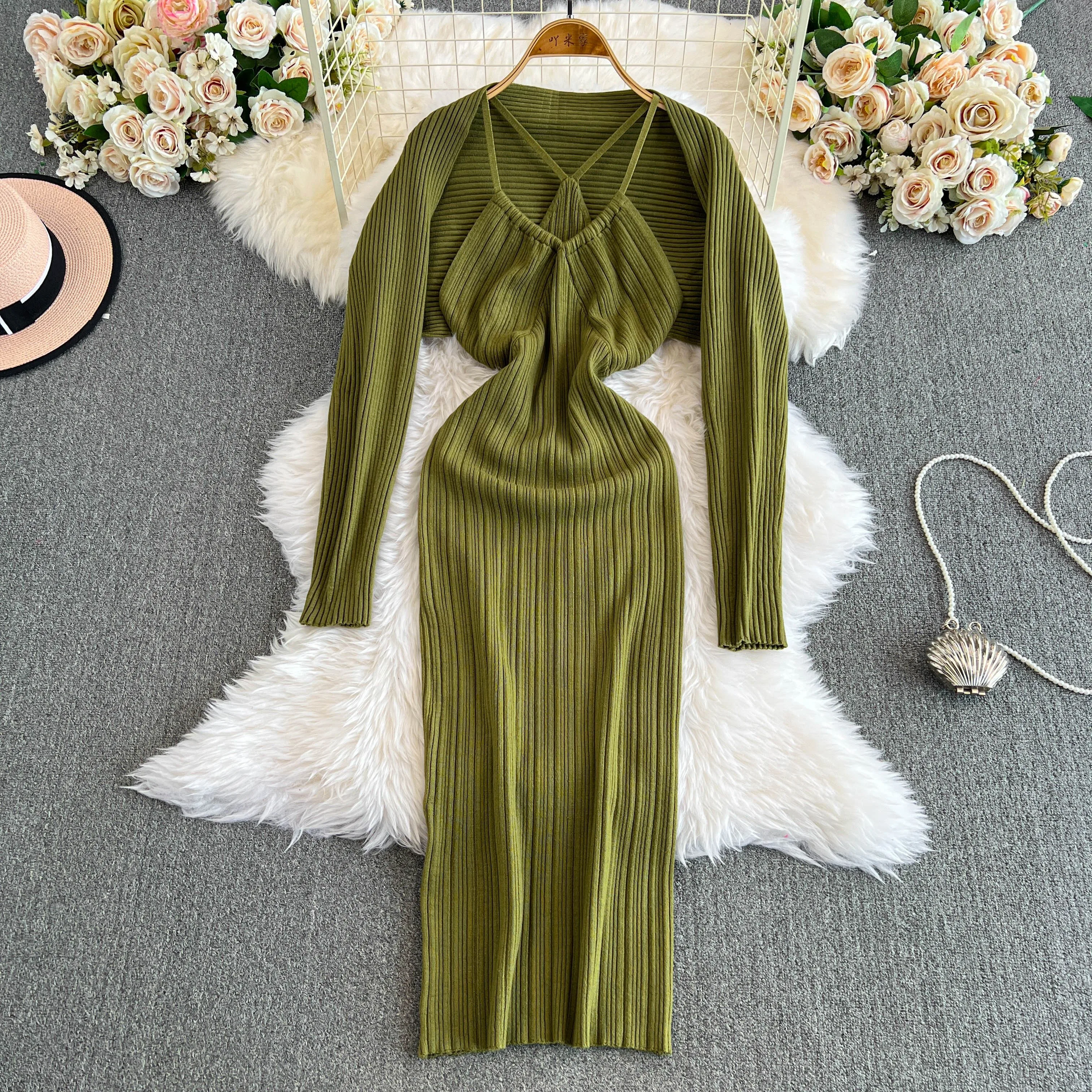 YuooMuoo Women Two Piece Dress Sets Chic Fashion Sexy Package Hips Long Dress and Long Sleeve Knitted Cardigans Streewear Autumn