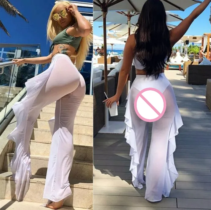 Semi-Transparent Slimming Multi-Color Lace Trim High Waist Transparent Mesh Flared Trousers, Side Sheer Swim Pants JPSO