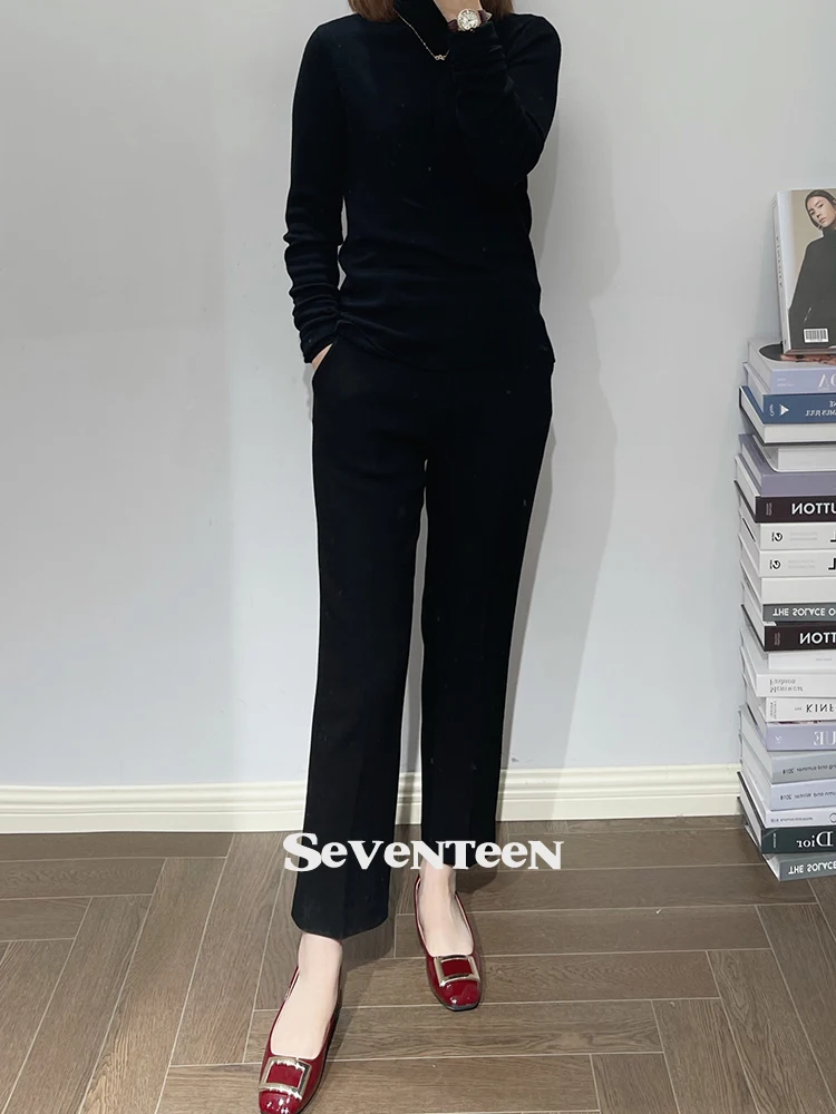 

Slimming Effect Thiened Bla Small Straight Leg Pants Women's Winter Casual Trousers Straightening Effect Cigarette Pants