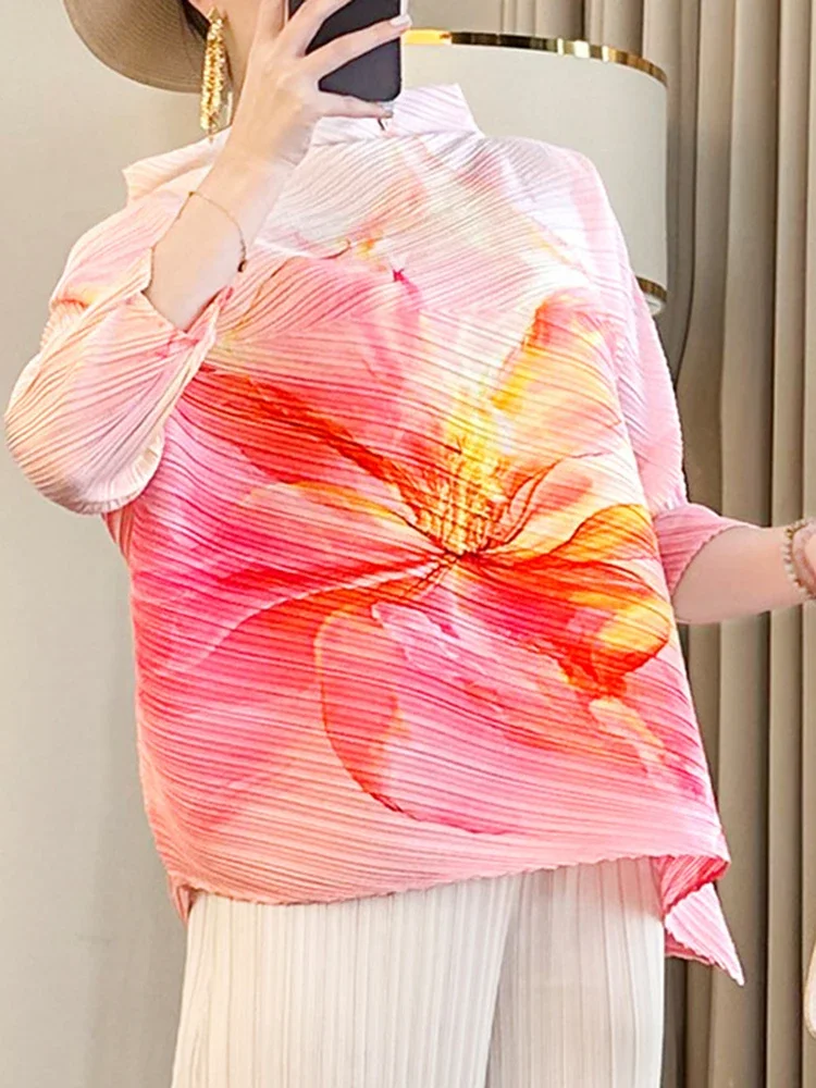 2025 ฤดูร้อน New Wave Miyake หลวมแฟชั่น Stand-up Collar ยาวไม่สม่ําเสมอผู้หญิงเสื้อลําลองพิมพ์ผู้หญิงเสื้อ