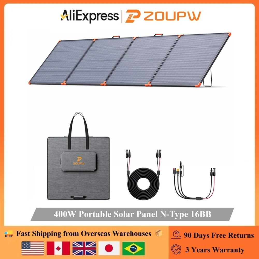 

ZOUPW 400W Portable Solar Panel N-Type 16BB High-efficiency N-Type 16BB Cells with a 25% Conversion Rate Durable ETFE Layer