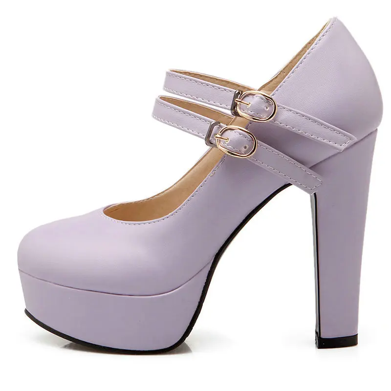 

Purple Pink Green Round Toe Double Buckle Strap High Heel Pumps Platform Office Lady Bridal Shoes Stiletto Mary Janes Heels