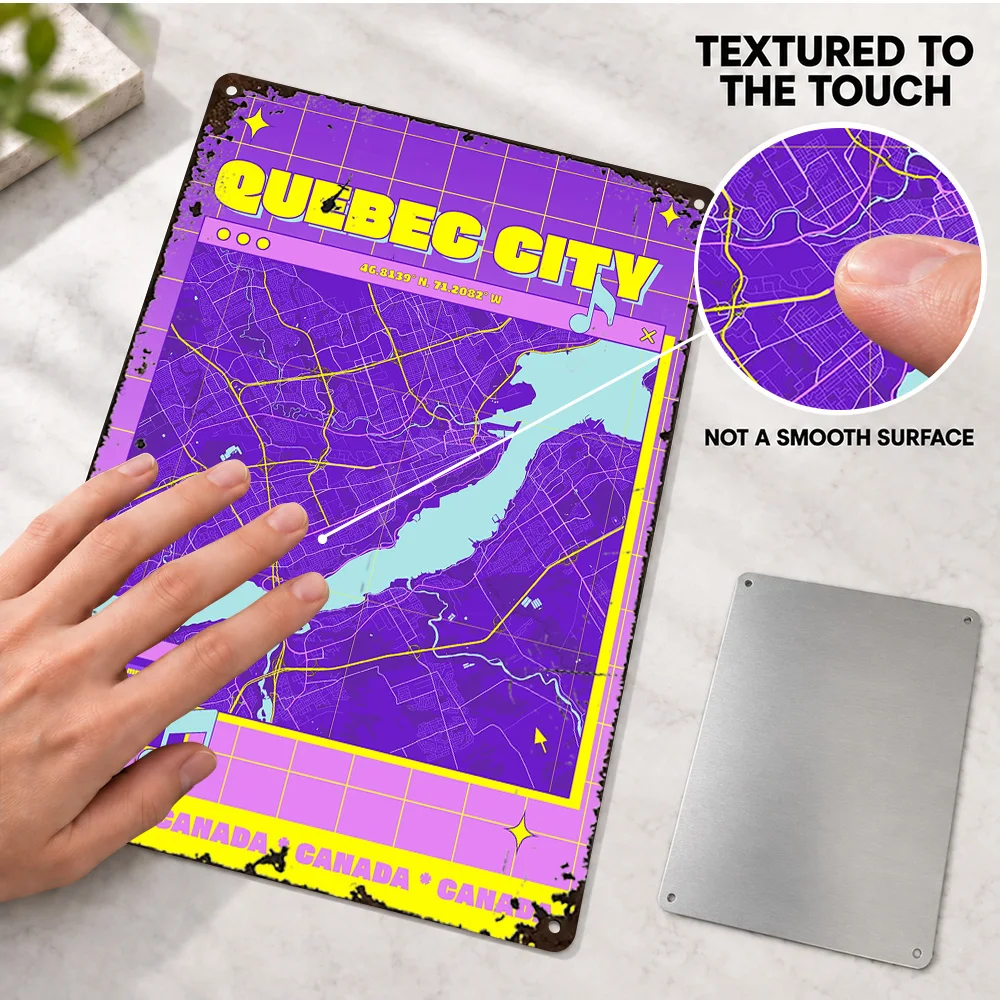 Quebec City Purple Grid Map Printed Poster Personalized Aluminum Metal Sign Retro Graphic Wall Art For Entryway, Traveler Gift
